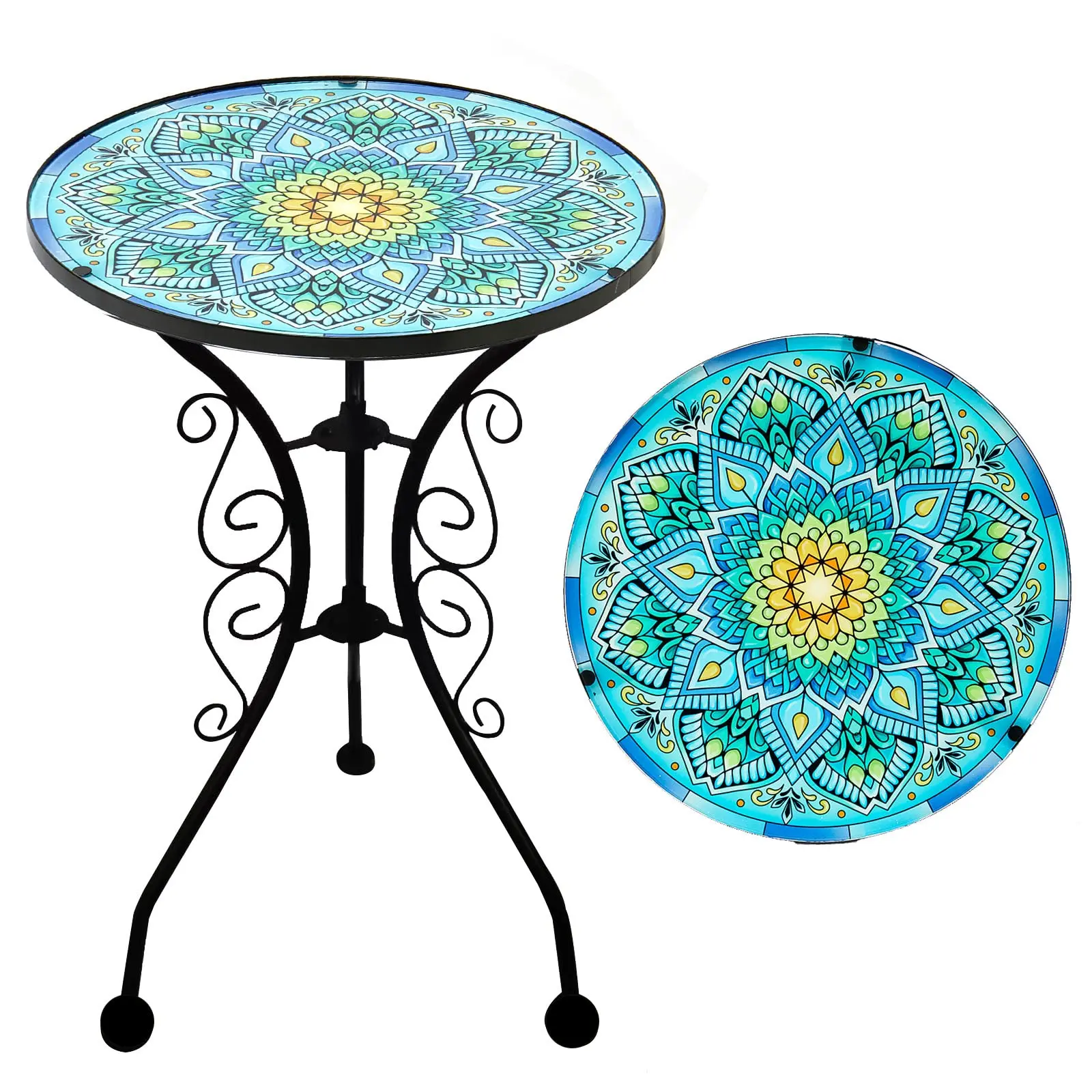 Small Patio Side Table Top Round Accent Table Bistro Balcony Coffee Tables Plant Stand for Livingroom Bedroom Indoor Outdoor Green Flower