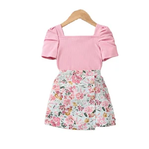 2023 Hot Sale Children Girls Clothes Wholesale Short Sleeve Pink Knit T Shirt Floral a Line Skirt 2Pcs Kids Summer Clothing Sets