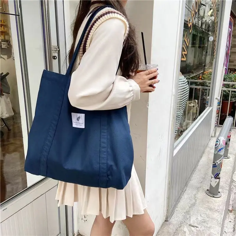 Wholesale Custom Printed Logo Simple Solid Color Shoulder Canvas Cotton Shopping Tote Bag With Woven Label