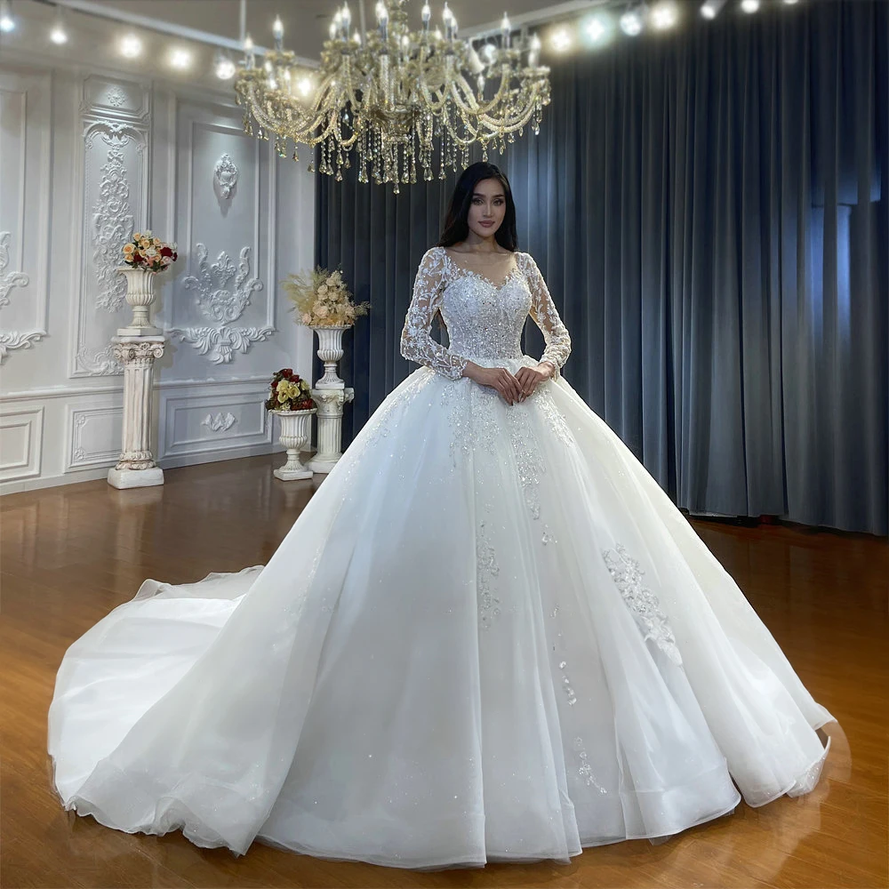 Hot Sale Real Sample Bridal Dresses Women'S Lace Wedding Royal Train Lace  up Long Sleeve Ball Gown Ns4548
