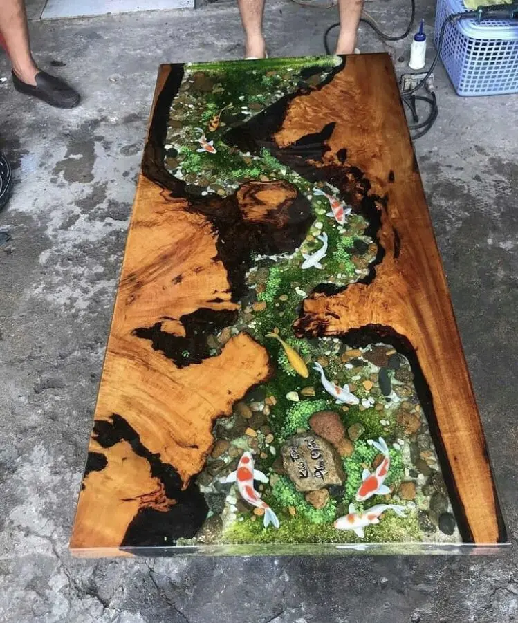 Custom Handmade Epoxy Resin River Table with 3D Koi Fish and Lotus Design | Solid Wood Artistic Dining Table