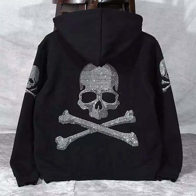 Source Custom Bling Sparkle Crystal Skull Rhinestone Half Zip Hoodie  Skeleton Thick Rhinestone Full Face Zip Up Hoodies on m.