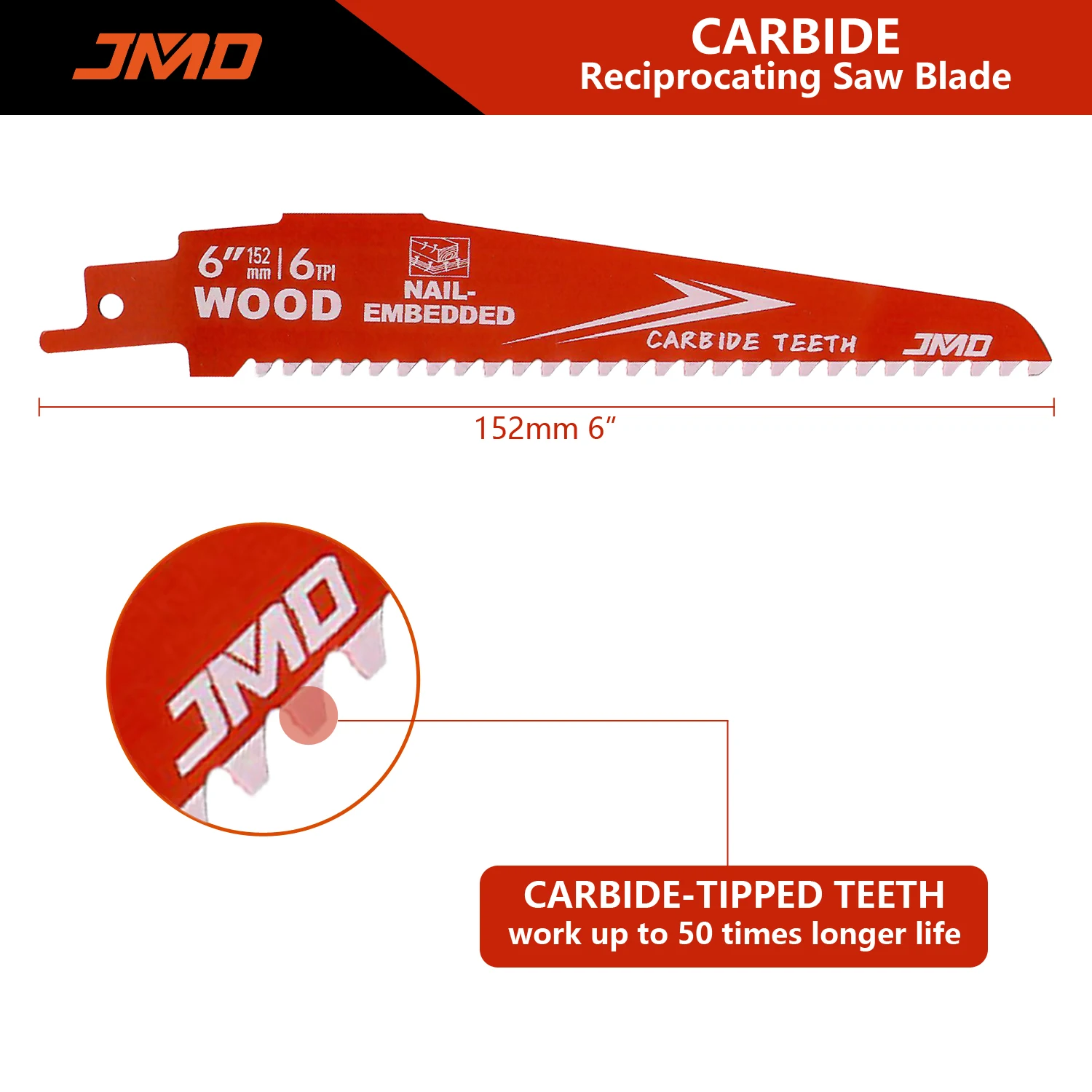 JMD Carbide Reciprocare Saw Blade 6INCH 6TPI HCS Tool Reciprocating Saw Blades Reciprocating Saw Blade carbide