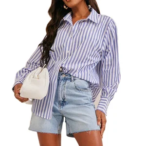 Custom High Quality  Casual Blue and White Blouses Drop Shoulder Button up Tops Oversized Women Stripe Shirt
