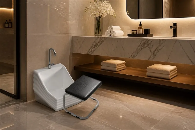 White ceramic wudu basin in a premium hotel bathroom with marble vanity and backlit mirror