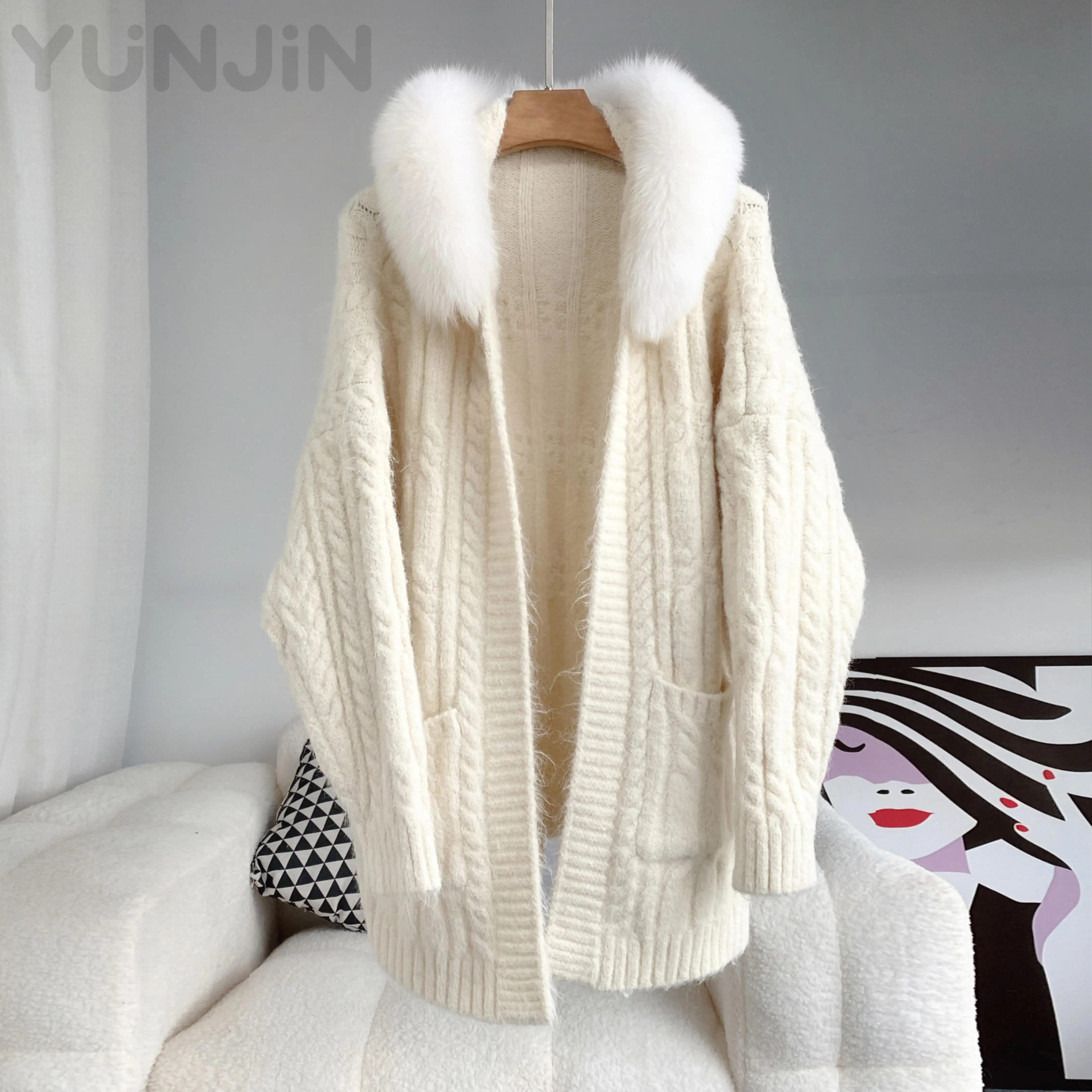 Winter Women Real Fox Fur Trim Hooded Button