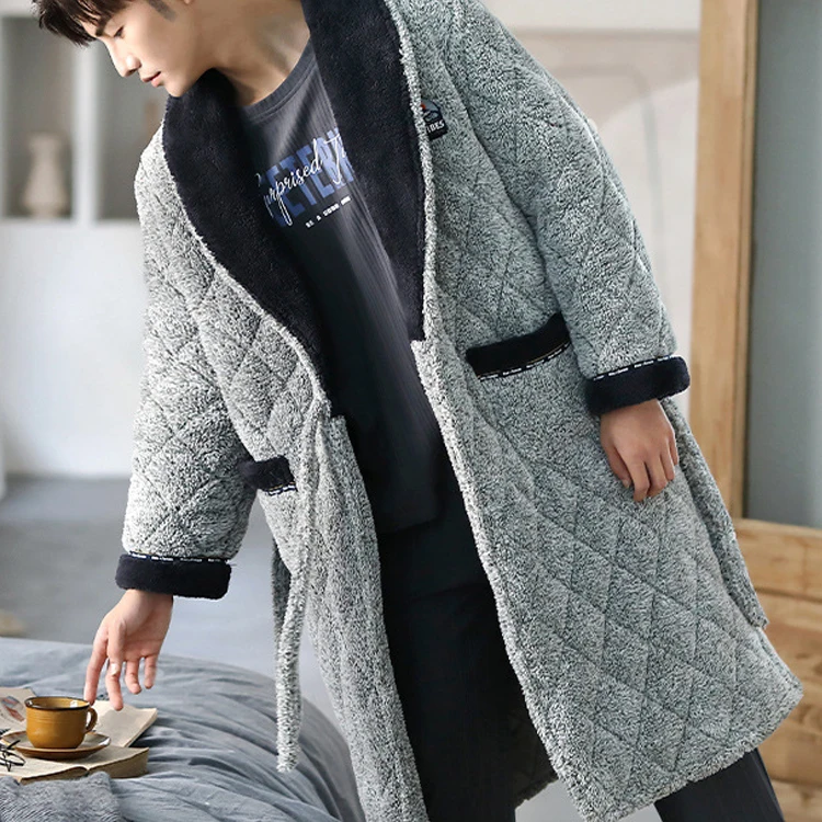 Hot Selling Luxury Home Thick Coral Waistband Knee Length Fleece Polyester Man Bathrobe