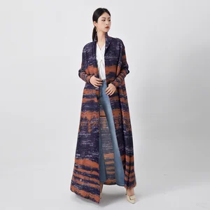 Hotsale Miyake Front Open Abaya Floral Print Kaftan Robes Pleated Lady Casual Long Dress Mid-East Muslim Abaya