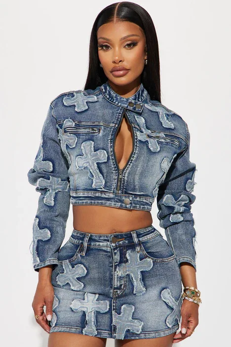 Cross Piece Denim Skirt And Jacket Set Buy Roman Denim Blue A-Line