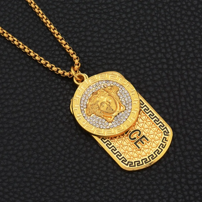 Hip Hop Style Gold Plated Full Diamond Greek Square Pendant Necklace Fashionable Chains Women Men Christian Symbol Pearl