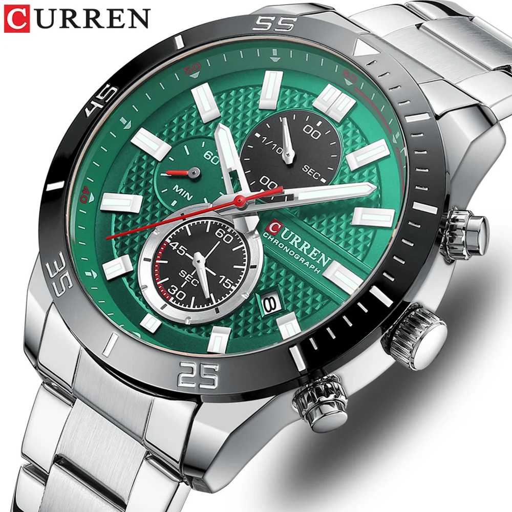 CURREN 8417 Quartz WristWatch Green Color Luxury Stainless Steel Sport Male Clock Waterproof Chronograph Date Men Watch