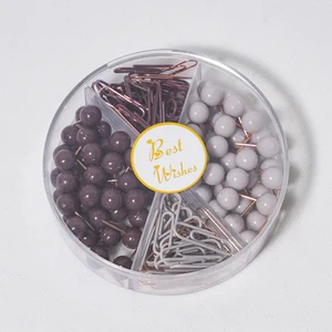 Elegant Office Stationery Set  Plum  Gray Push Pins with Paper Clips in Clear Divided Case, "Best Wishes" Design