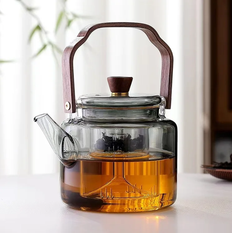 1L High Borosilicate Glass Teapot with Wood Handle & Lid