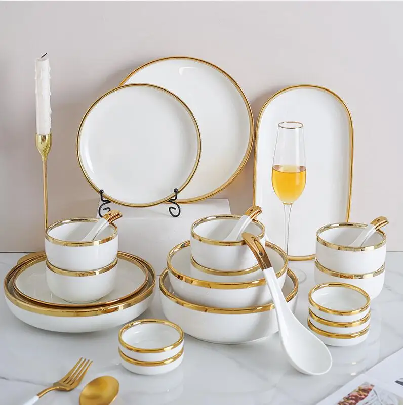 Dinner Plates White Gold Crockery Bowl With Gold Rim Dinner White