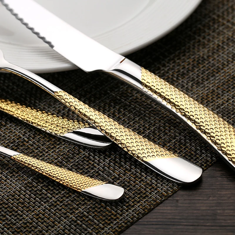 Modern Embossed Handle Knife Fork Spoon Silverware Luxury Flatware Stainless Steel Gold and Silver Cutlery Set for Restaurant