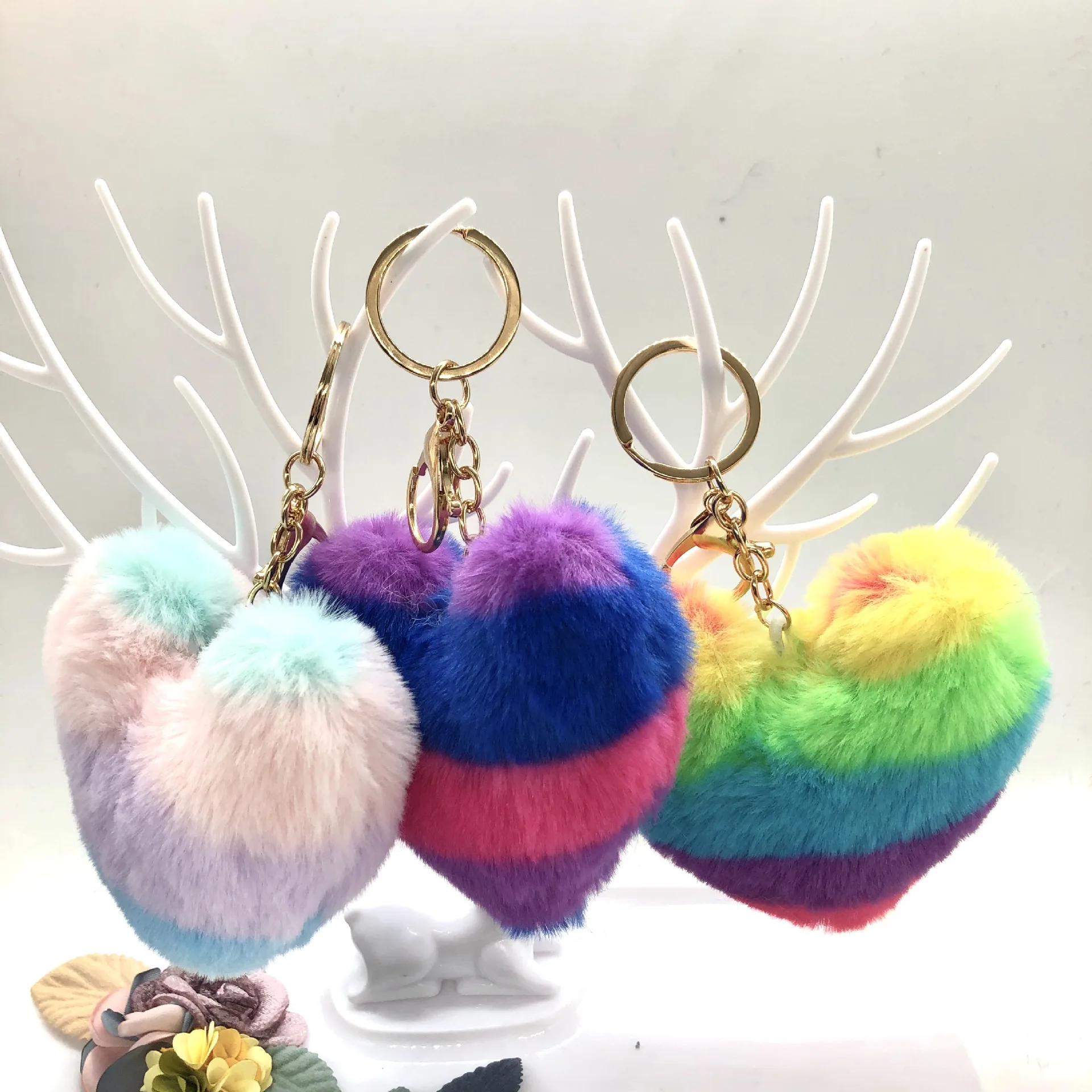 Rainbow Heart Pom Keychain