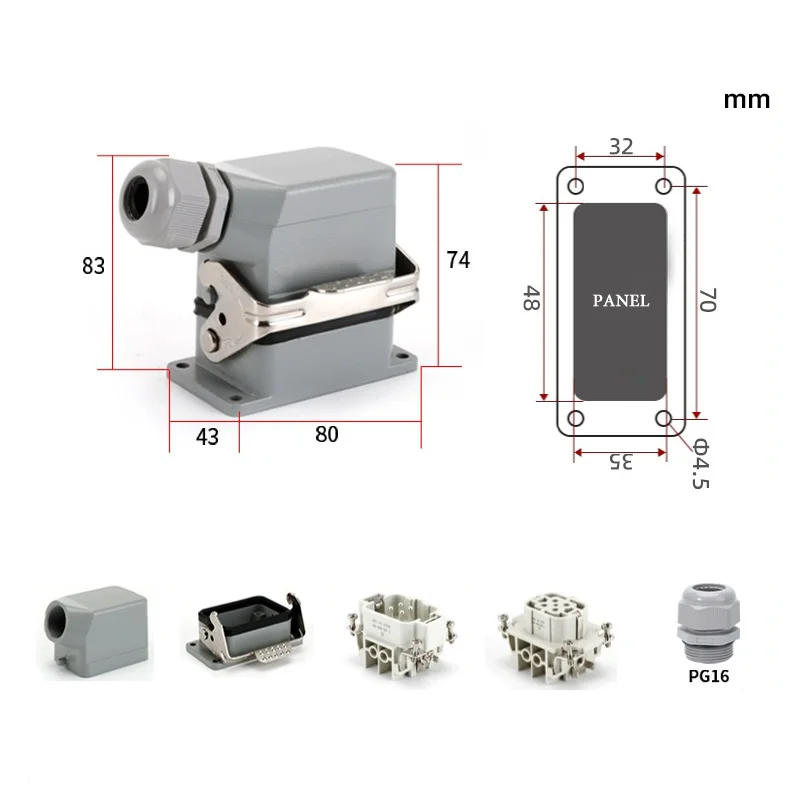 Rectangular Heavy Duty 32/48 Pin Aviation Plug Socket Waterproof Hot Runner 16A Copper Terminals HE/4/6/10/16/24 Core Connector