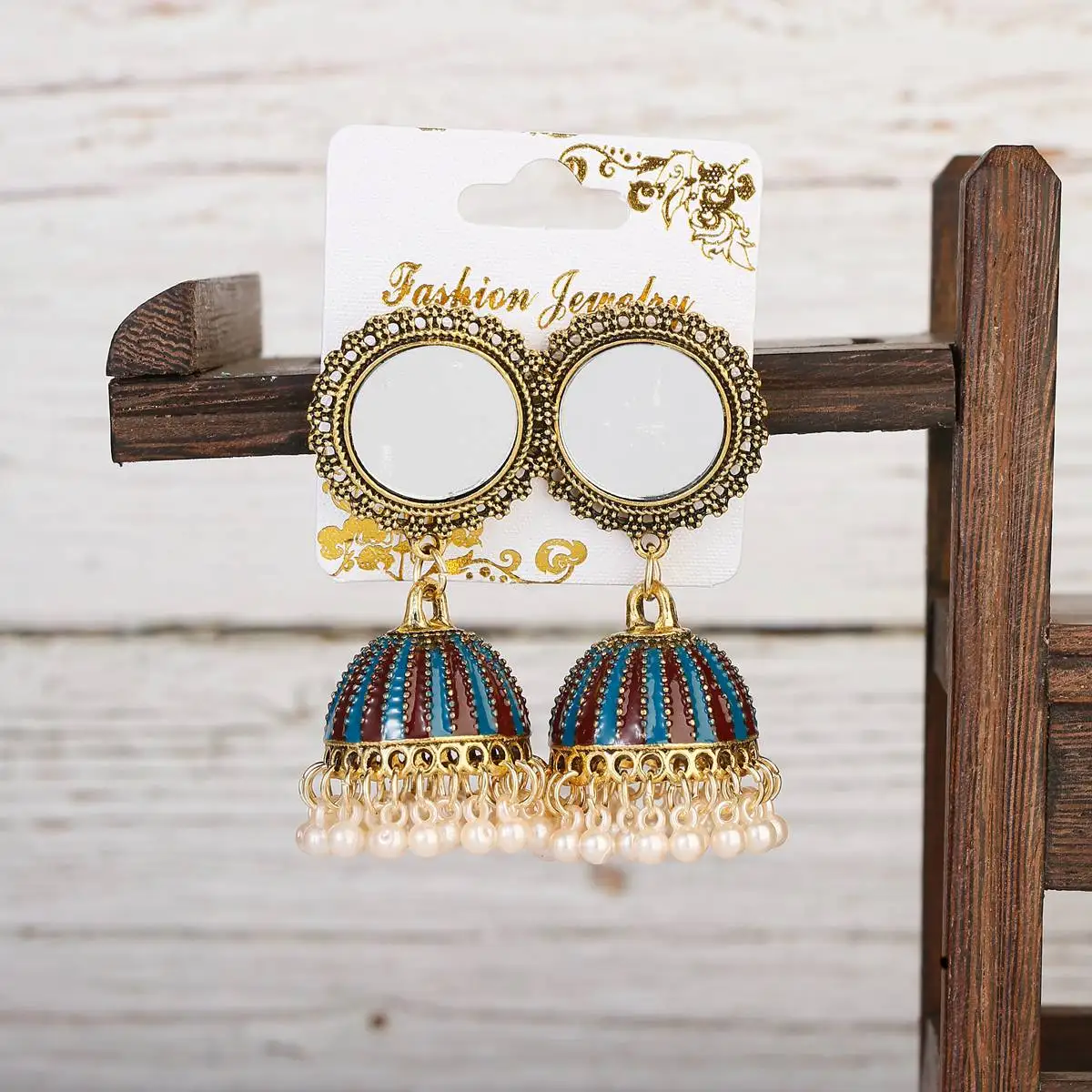Classic Gold Alloy Blue Streaks Bollywood Oxidized Ladies Earrings Ethnic  Pearl Tassel Round Mirror Jhumka Earrings