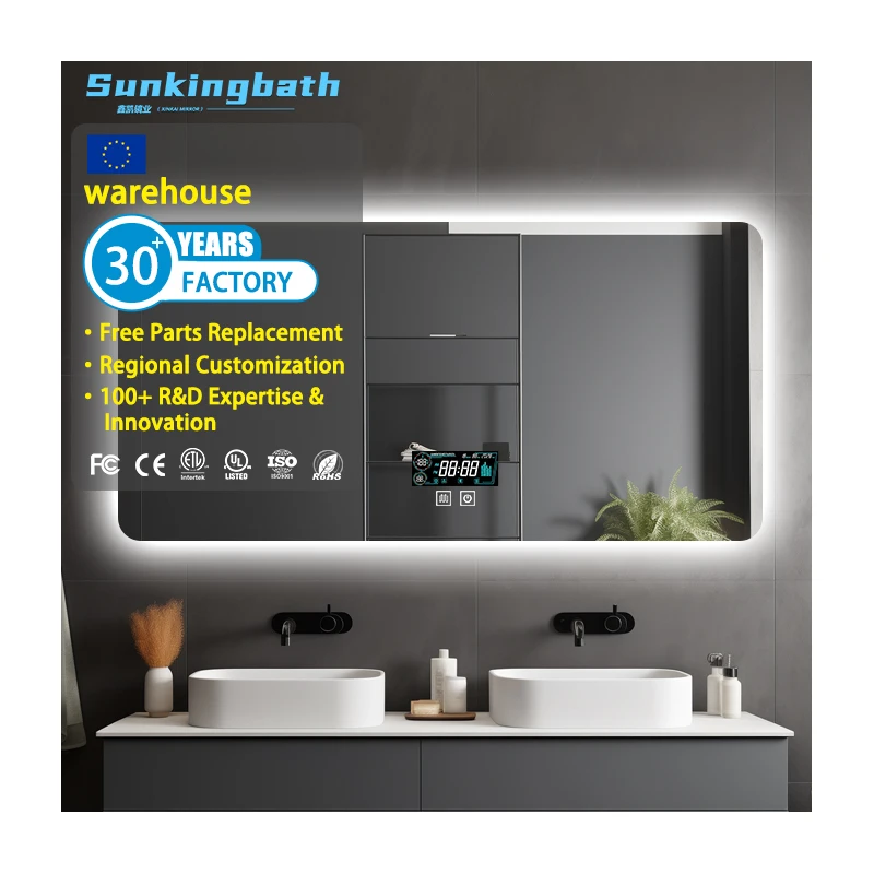 Popular Touch Switch Intellect Led Bathroom Mirror Digital Clock Anti Fog Mirror with bluetooth Music Speaker for Bathroom