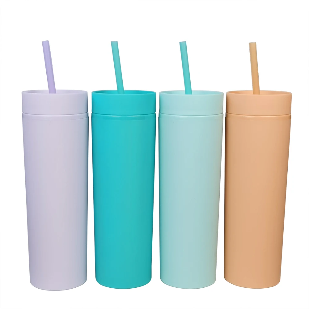 Горячая Распродажа, акриловый пластиковый матовый тонкий стакан 16 унций с двойными стенками и матовой соломинкой