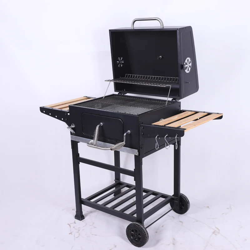 Big Barbecue Black Outdoor Meat Smoker Square Large Charcoal Trolley Bbq Grill With Side Table