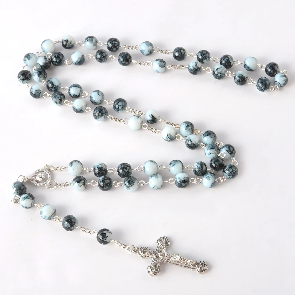 Handmade Rosary 10mm Black shops and Orange Pearl Swirl Glass Beads