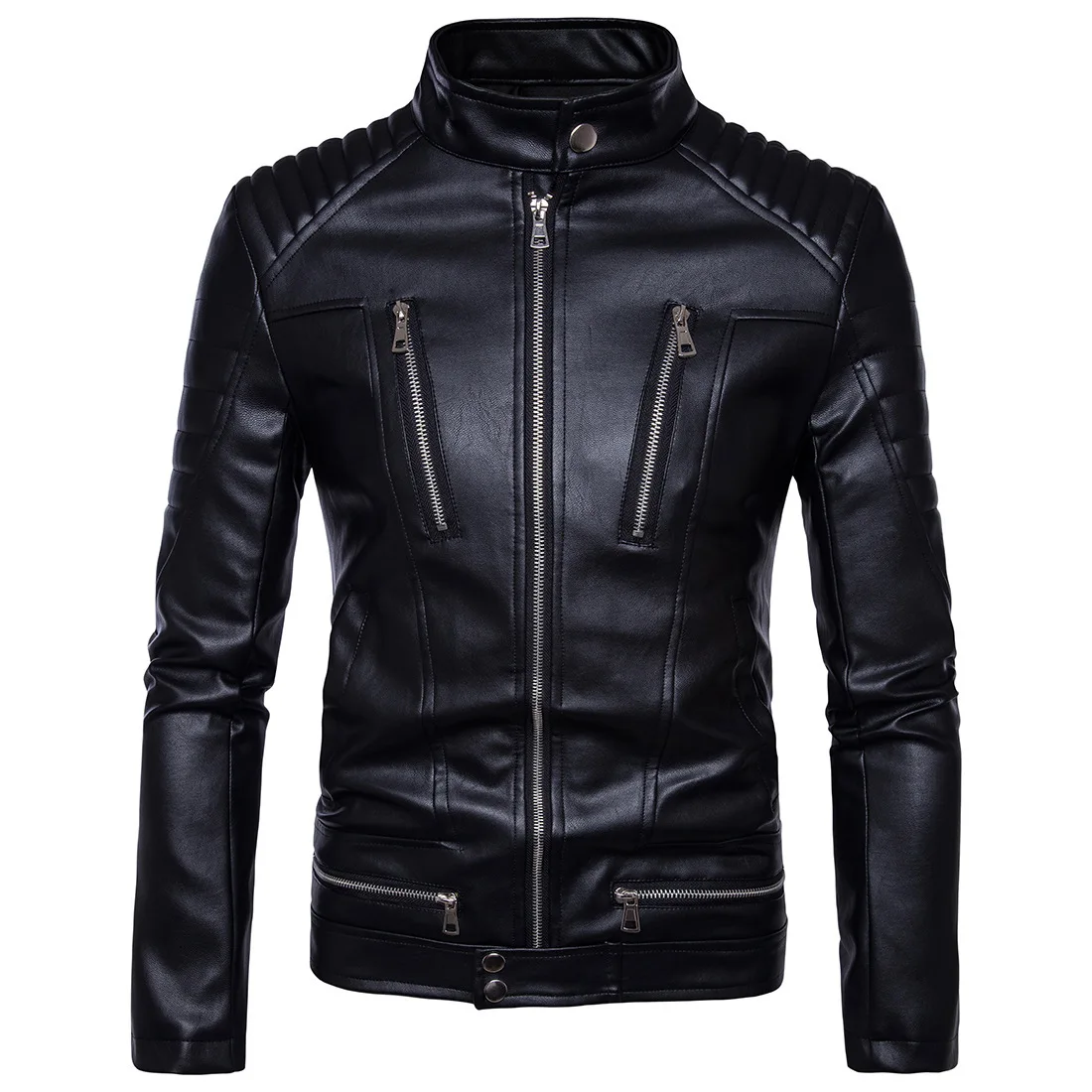 Men Black Motorcycle Multi-Zip Fashion Men's Leather Jacket_voghion.com