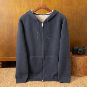 Men's Casual Hoodie 100% Cashmere ODM Sports Thick Cardigan with Simple Pocket and Pattern Decoration for Spring and Winter