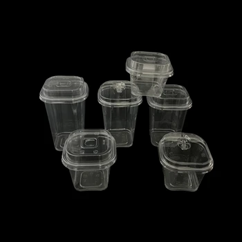 Custom Logo Leak-proof Square Transparent PET Plastic Cup with Lid for Cold Food Ice Cream Pudding Cake Puree