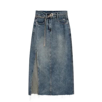 Women's Skirt Retro Slit Denim Skirt High Waist A-line Skirt - Buy ...