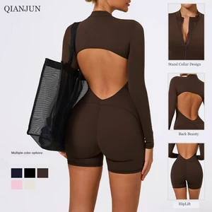 Wholesale Plus Size Gym Fitness Bodysuit  Backless Sportwear Rompers Breathable Zippered Gym Fitness Women's Yoga Jumpsuit