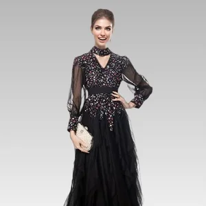 2026S Luxury Women's Casual Elegant Swing Dress V-Neck Halter Long Sleeve Heavy Beaded Sequins Sexy Hollow Waisted Party Empire