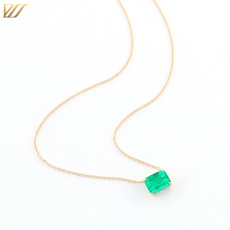 Emerald Cut 7x9 Verdant Lab Created Colombian Emerald Pendant Chain Necklace in 14k Yellow Gold Setting Fine Jewelry for Women