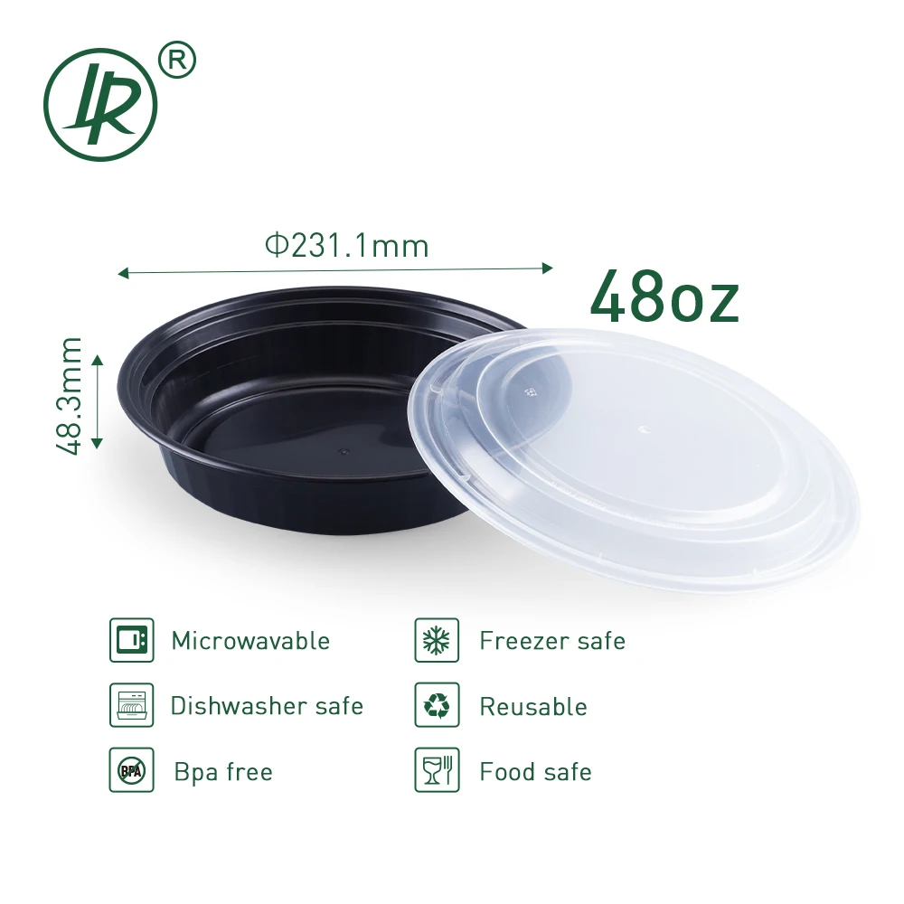 LR 48OZ Round Microwave Safe Disposable Plastic Food Container Black Take Out Meal Prep Plastic Box Food With Lids