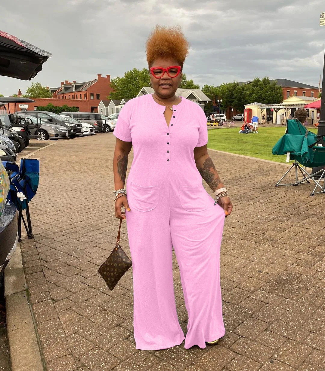 Solid Casual Plus Size Summer Jumpsuit With Pocket Fashion Button