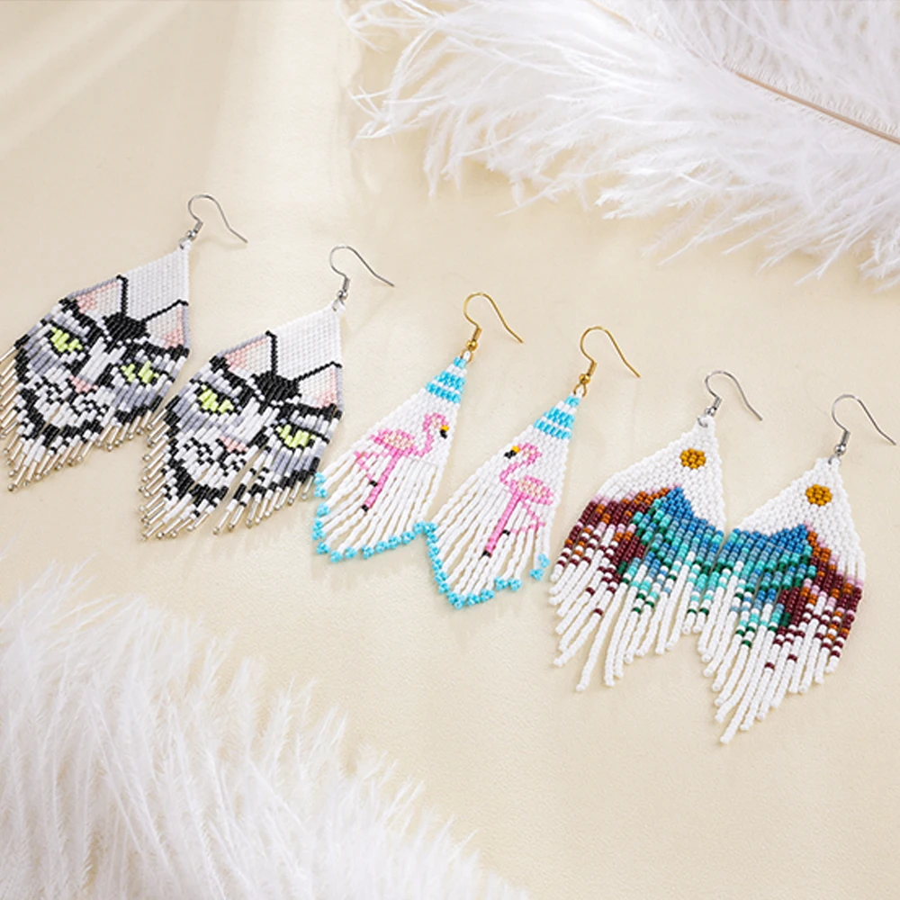 African Handmade Rose Flower Birds Tiger Design Miyuki Seed Beads Tassel  Fringe Earrings for Women