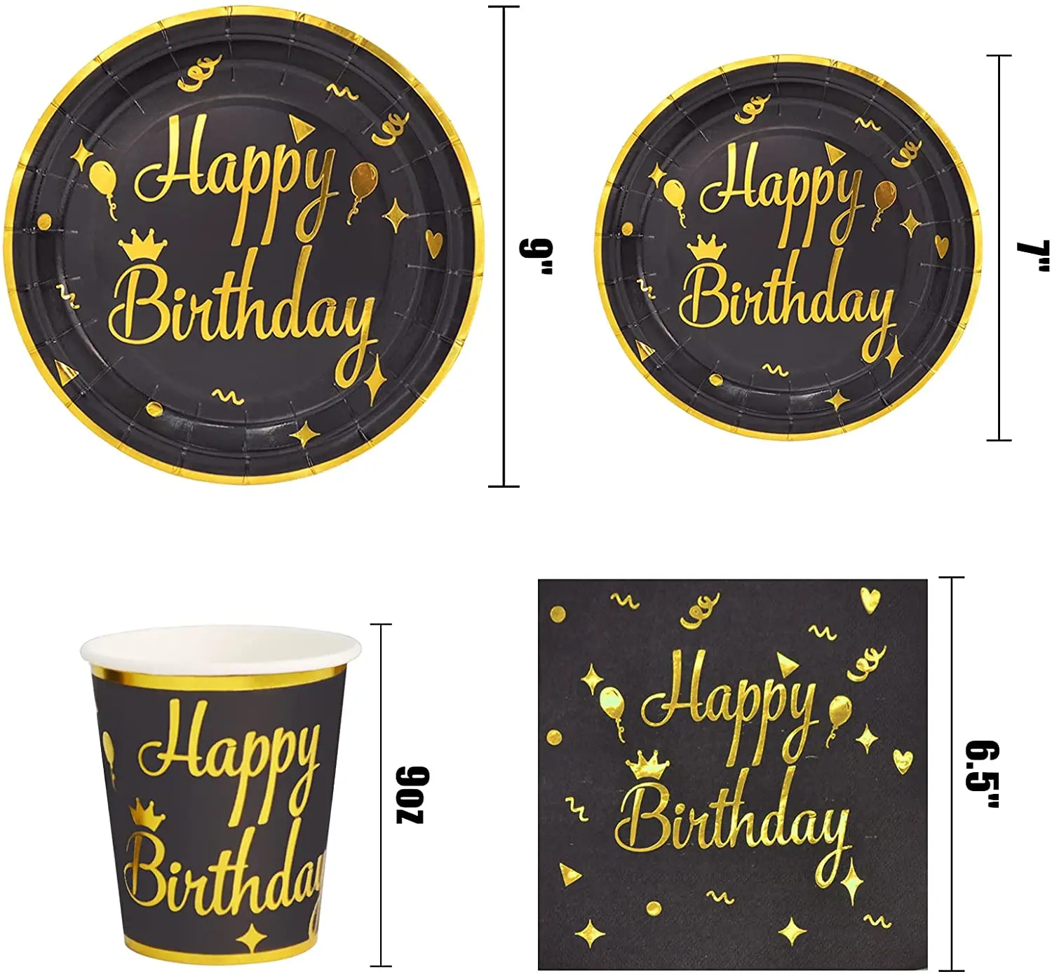 Ownfolk Black Paper Plate Cups Napkins Happy Birthday Plates Decoration
