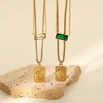 Double Layer Green White Cubic Zirconia Moon Ins Style 14K Gold Plated Jewelry Stainless Steel Charm Pendant Necklaces for Women
