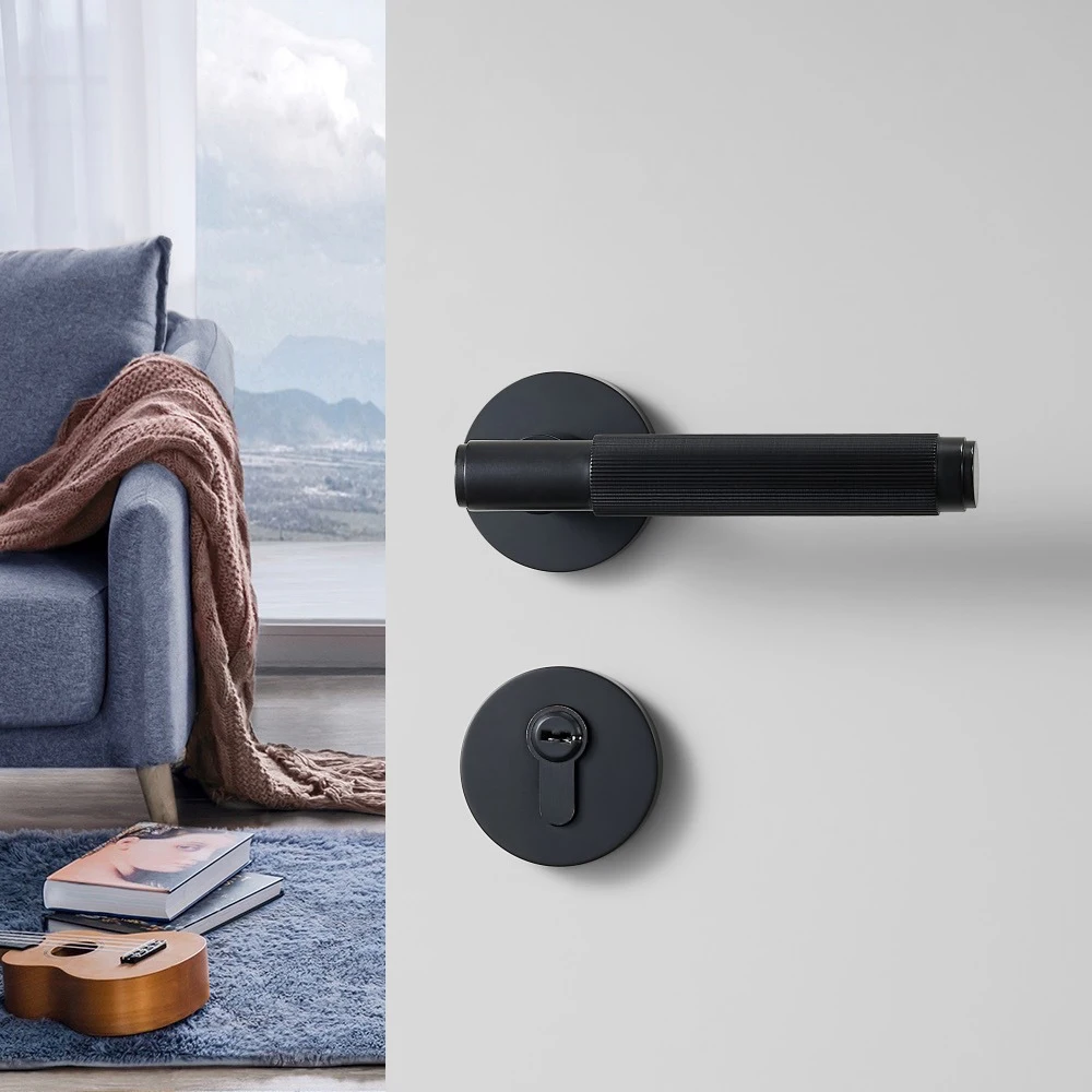 Luxury Zinc Door Handle Brass Knurled Door Lock Handle Set Euro Villa Interior Lever Matt Black