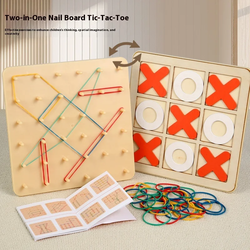 Montessori Toy 2 in 1 Rubber Band Nail Board Tic-Tac-Toe Brain Teaser Puzzle Game Wooden STEM Education Toy for Kids