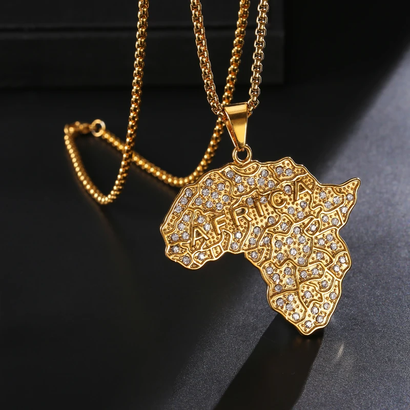 MEN ICED OUT AFRICA MAP MIRROR PENDANT 5mm W/ 24" FIGARO CHAIN NECKLACE SET DD01 