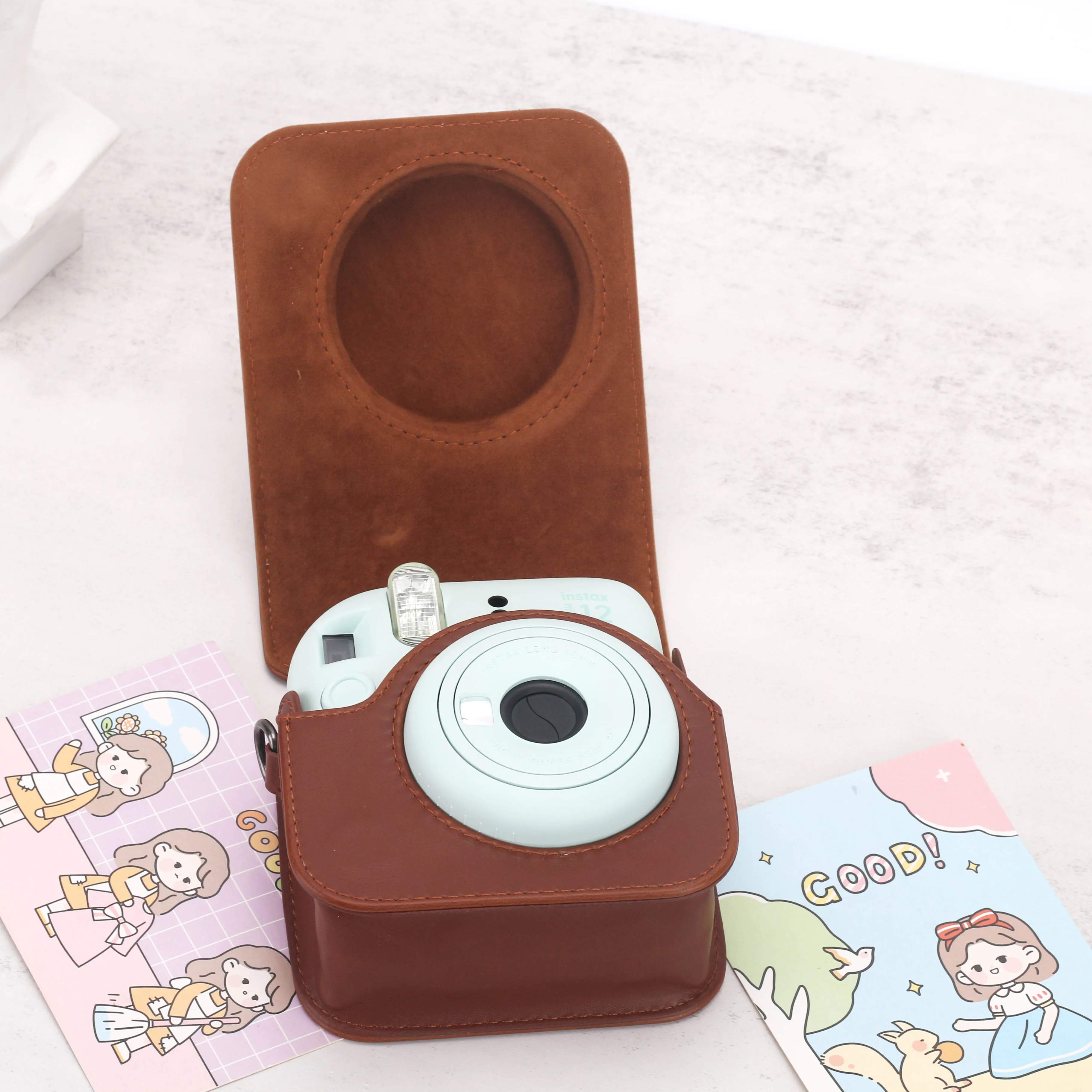Fuji Instax Mini 12 Camera PU case Magnetic Design Leather Bag with Pocket and Adjustable Shoulder Strap