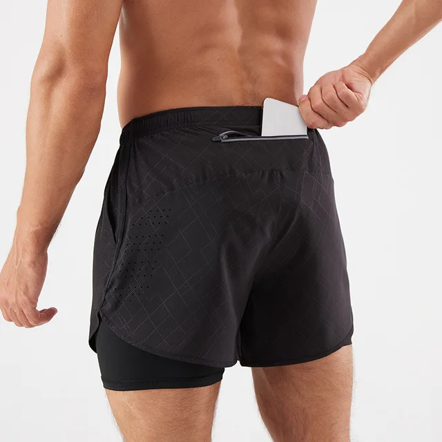 Men's running Marathon track loose three-quarter shorts Quick drying lined with anti-slip double-layer fitness shorts
