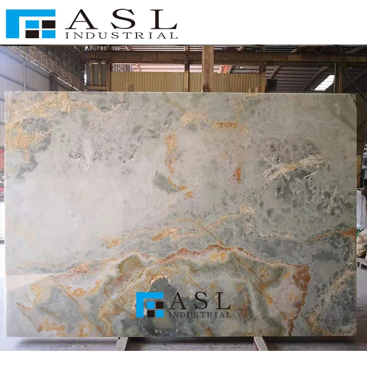 Highly polished blue onyx stone green tiles gold royal onyx panel onice marble kwartsiet floor blue ice onyx panel