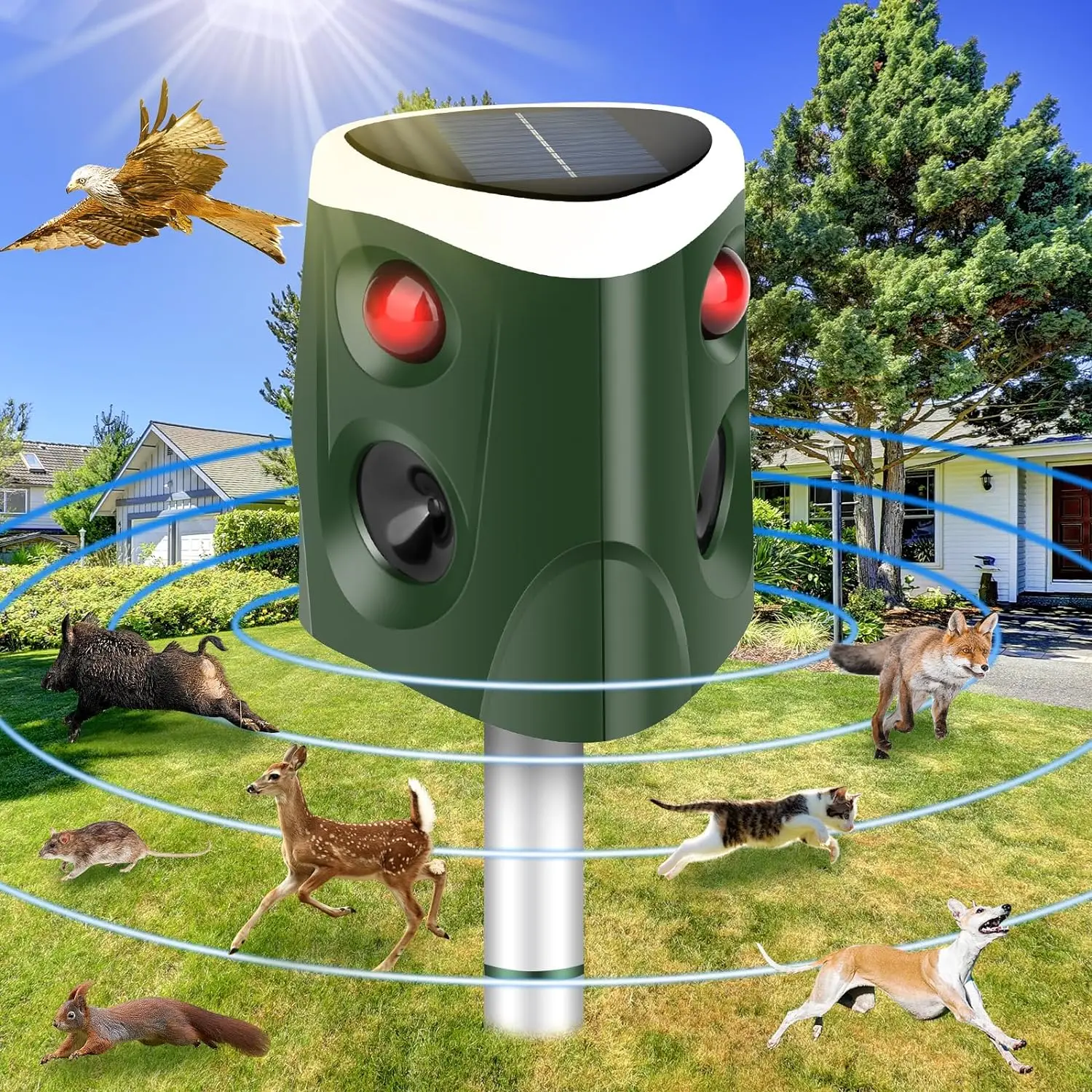 Saijzek. AMZ Top Sale Upgraded Solar Animal Cat Repellent Outdoor Squirrel Deer Repeller Waterproof Ultrasonic Repeller