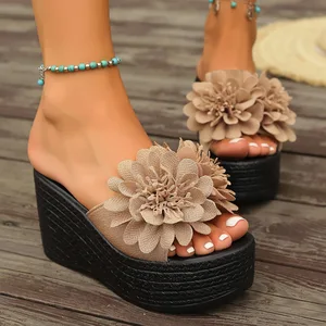 QuiteS 2026 Women's Casual Platform Shoes New Summer One-Line Sticky Flower Sandals with Thick-Soled Wedge Heel Large Plus Sizes