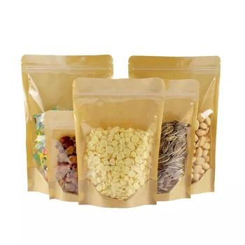 Wholesale Clear Front Kraft Paper Food Grade Zipper Stand Up Pouch With Ziplock Resealable Food Storage Packaging Bag