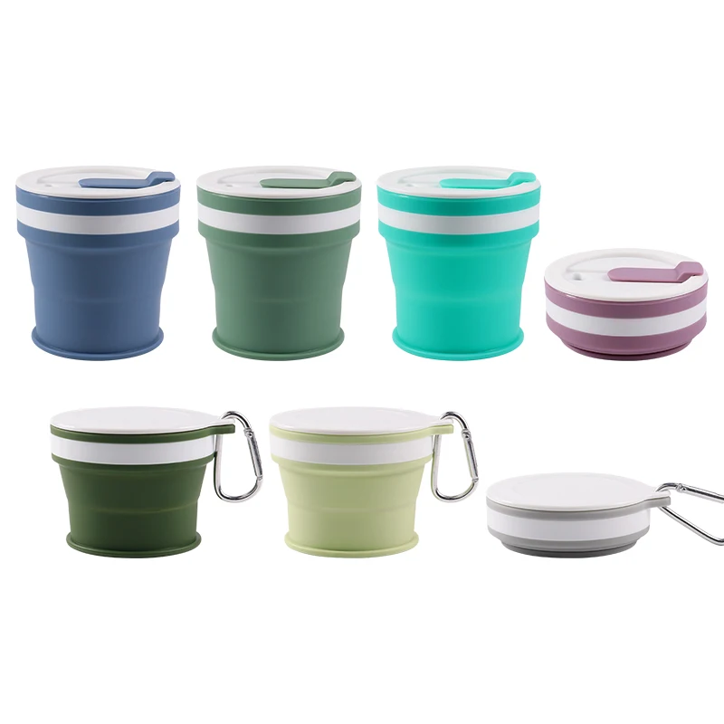 Portable Silicon Outdoor Pocket Foldable Cup Custom Reusable Collapsible Silicone Folding Travel Coffee Water Cup Mug with Lid