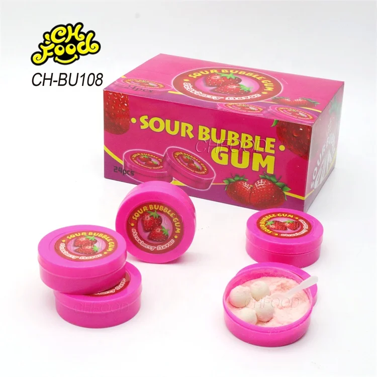 Hot Selling Strawberry Ball Shape Fruit Flavor Bubble Gum With Sour Powder Candy Sweets OEM Chewing Gum For Kids