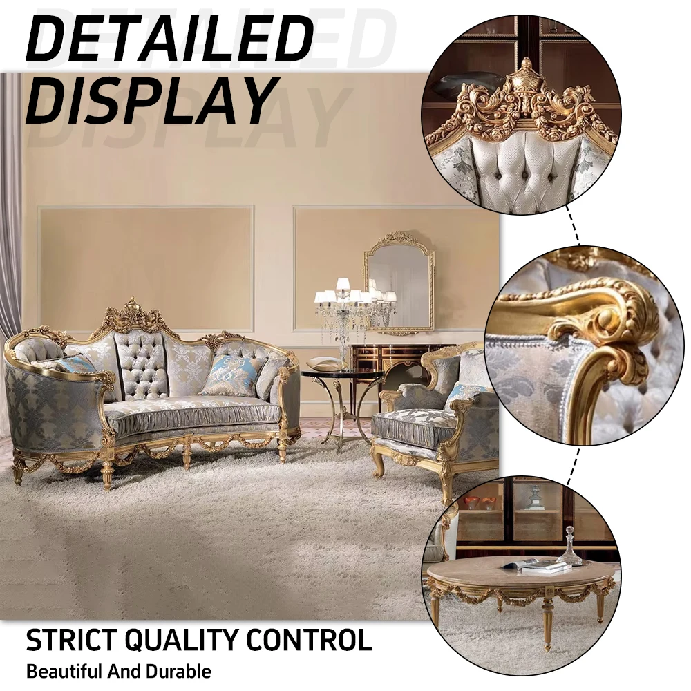 Luxury Classic  Living Room Furniture Couch Rococo Style Hand-made Carvings Sectional Sofa Set Furniture